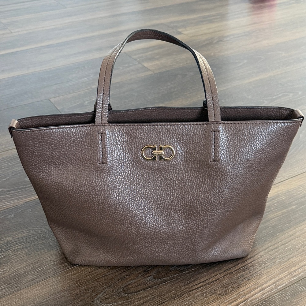 Salvatore Ferragamo Chocolate Brown Pebbled Leather Tote with Gold Gancini